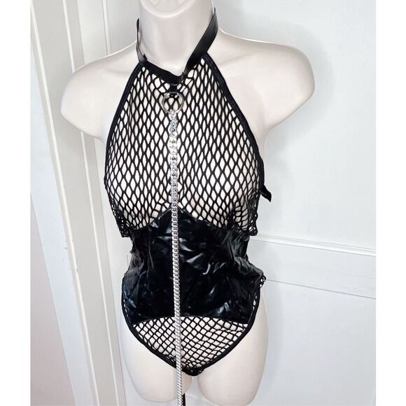 DREAMGIRL Faux Leather Fishnet Teddy & Leash Plus Size Queen New - Picture 1 of 8